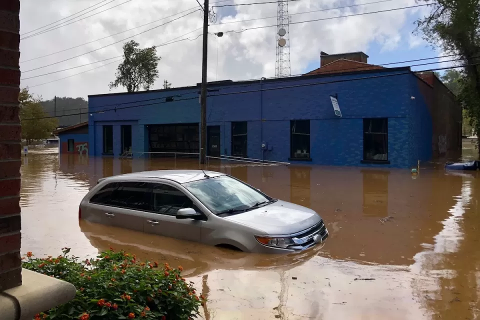 Car half submerged in brown flood water in Asheville, North Carolina after Hurricane Helene.